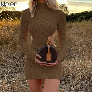 KLALIEN Simple Solid Long Sleeve Turtleneck Sweater Dress Autumn New Women Warm Streetwear Slim Stretch Mini Bodycon Dresses
