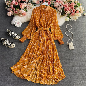 Spring Autumn Women Vintage Maxi Party Dress Long Sleeve Orange Polka Dot Pleated Evening Black Vestidos Femme Fashion Robe New