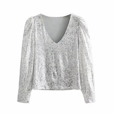 Load image into Gallery viewer, Elegant Women Sequined Tops 2021 Spring Fashion Ladies Vintage Silver Top Party Female Sexy V-Neck Tops Femme Girls Chic Clothes
