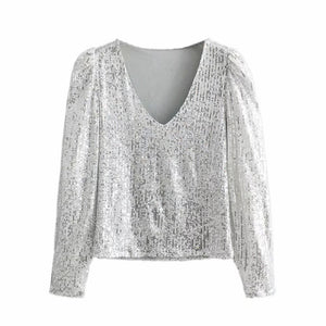 Elegant Women Sequined Tops 2021 Spring Fashion Ladies Vintage Silver Top Party Female Sexy V-Neck Tops Femme Girls Chic Clothes