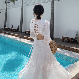 Women Summer Dress Sexy Chiffon Long Sleeve Hollow Out Bandage Back Ruched White Fairy Ladies Fashion Beach Holiday Dresses