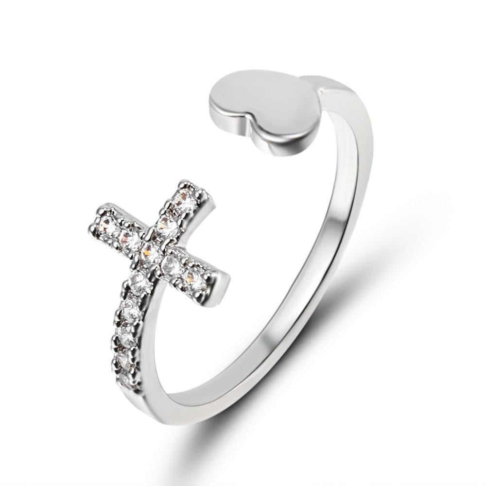 1PC Silver Color Alloy Rhinestone Cross Ring Geometric Heart Adjustable Opening Rings For Women Fashion Jewelry Gift