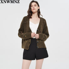 Load image into Gallery viewer, XNWMNZ women Vintage knit cardigan with embroidery Long sleeves V-neck Cardigan Female Elegant sweater autumn coat women 2022
