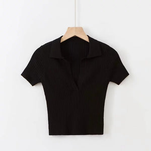 2020 Vintage polo shirt sexy crop sweater women pullover korean kawaii female short sleeve knitted cropped sweaters streetwear