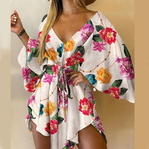 Yeni yaz kadın zarif elbiseler seksi V boyun dantel-up çiçek baskılı Mini elbise rahat Flared kollu düzensiz bayanlar parti elbise