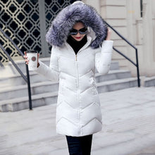 Load image into Gallery viewer, Fur collar winter coat ladies thick warm hooded long jacket women elegant slim white cotton parka women outwear 2019 new DR653
