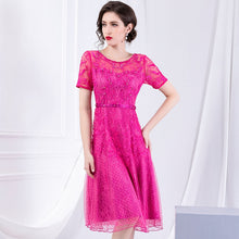 Load image into Gallery viewer, Early autumn new style round collar slim mesh yarn dress short sleeve high waist Embroidered Beaded A-shaped dresses
