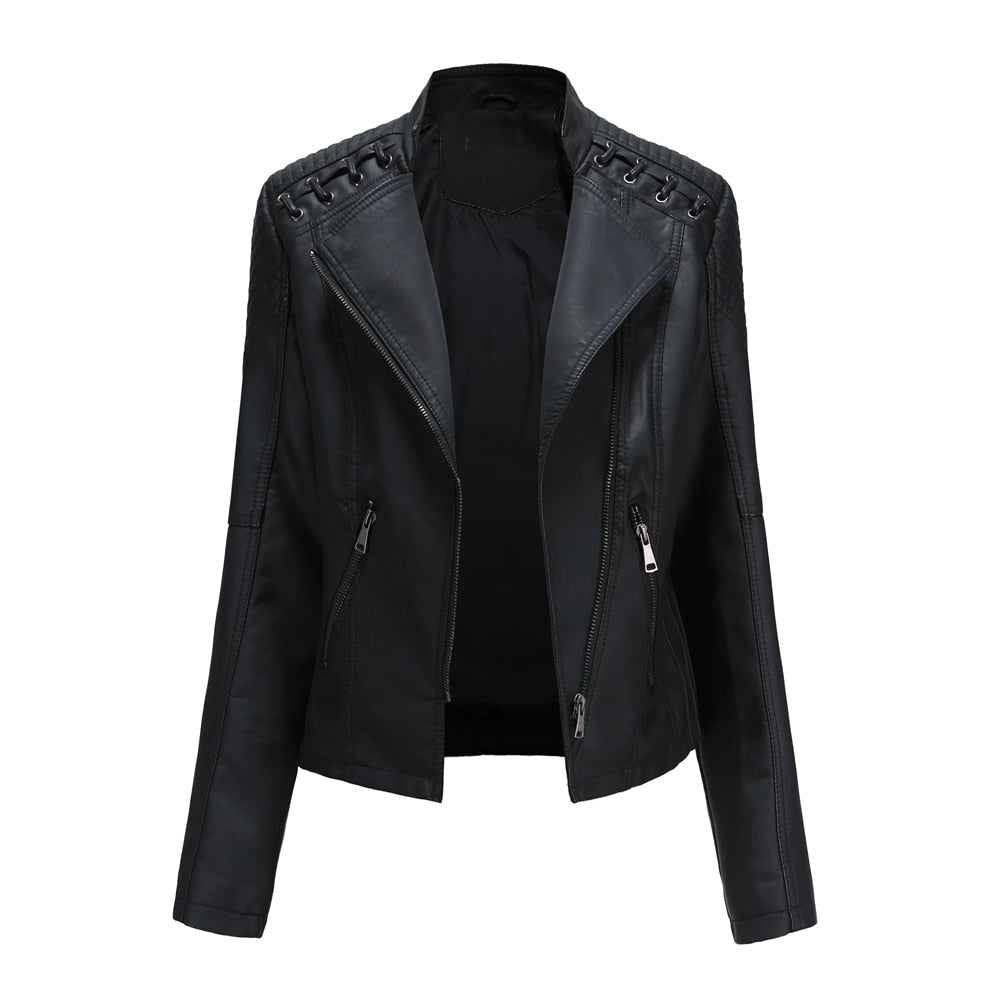 2023 Autumn Women's Leather Jacket Slim Turn-down Collar Short PU Leather Coat Women Zipper Motorcycle Jackets Outwear Female