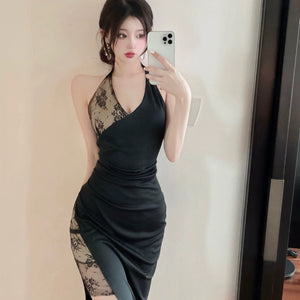 Deep V-neck Low Cut Backless Lace Slim Fit Dress Halterneck