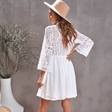 Load image into Gallery viewer, Fashion White Long Sleeves Dress Women&#39;s 2024 New Arrival V-neck Lace Bell Sleeve Belted Fairy Skirt
