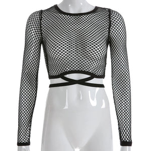 Large Mesh Shoelace Midriff Outfit Fashion European and American Style Breathable Top