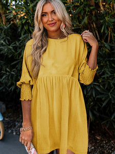 Fall 2024 New Yellow Half Sleeve Knee-Length Short Skirt for Women Fashion Thin Casual Pleating Short Sleeve Dress Women