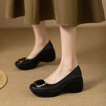 Load image into Gallery viewer, Thick Sole Wedge Soft Leather Fashion Square Buckle Slip-on Flats
