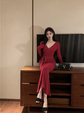 Load image into Gallery viewer, Slim-Fit Lace up Waist Women&#39;s Red Knitted Dress
