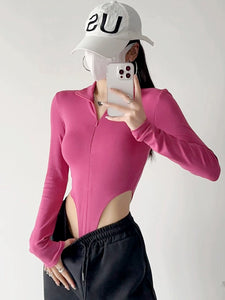 Zrshop Half Zipper Sexy Waist Hollow-out Long Sleeves T-shirt