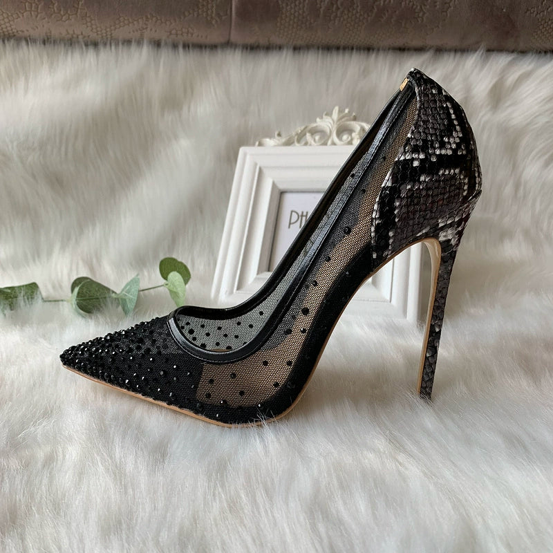 Running Quantity Price Nightclub Sexy Snakeskin Stitching Black Mesh Rhinestone Pointed Thin Heeled Women's Large and Small Size European and American High Heels