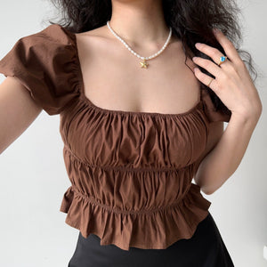 Go Girl Go Homemade French Retro Square Collar Puff Sleeve Shirt Female Ruffles High Waist Crop Top