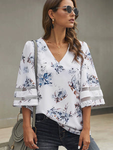 Retro V-neck 3/4 Sleeves Loose Pullover Print Shirt