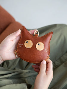 Genuine Leather Retro Women's Coin Purse First Layer Cowhide Cartoon Cat Cute Pannier Bag Earphone Coin Mini Ultra-Thin Card Holder