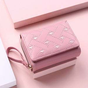 Women's Wallet Short Chic Embroidered Heart Coin Purse Female Tri Fold Card Holder PU Leather Multi-Card Wallet