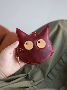 Genuine Leather Retro Women's Coin Purse First Layer Cowhide Cartoon Cat Cute Pannier Bag Earphone Coin Mini Ultra-Thin Card Holder