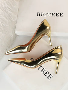 OL European and American Fashion Sexy Bright Leather Low-Cut High Heels