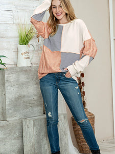 Fashion Color Block Patchwork round Neck Pullover Long Sleeves T-shirt Female 2024 Fall and Winter New Arrival Loose Versatile Bottoming Top Female