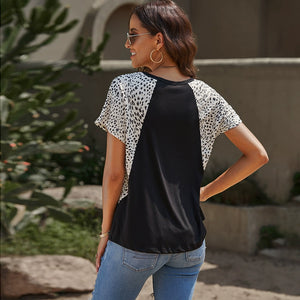2024 Summer New Arrival Leopard Print Patchwork Short-Sleeved T-shirt Female Fashion V-neck Casual Half Oversleeve Head Tops Female