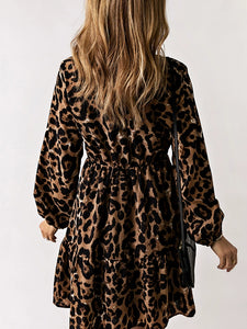 Leopard Print V-neck Summer Silm Knee-Length Long Sleeves Dress