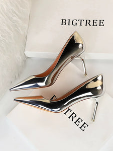 OL European and American Fashion Sexy Bright Leather Low-Cut High Heels