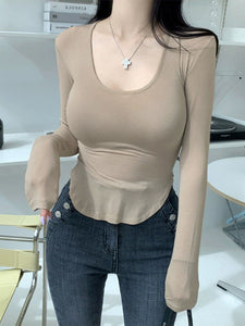 Scheming Tops Sexy U Collar Chest-Flattering Large Long-Sleeved T-shirt