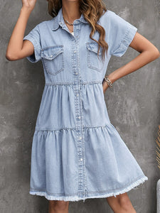 2024 Special-Interest Design Dress Female Fashionable European and American Style Single Breasted Cinched Slimming Short Sleeves Denim Skirt