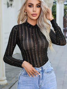 European and American Sexy Mesh Thin Long Sleeves Jumpsuit Women 2024 Autumn New Arrival Fashion High Waist Long Sleeves Long Sleeves Tops Women