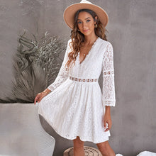 Load image into Gallery viewer, Fashion White Long Sleeves Dress Women&#39;s 2024 New Arrival V-neck Lace Bell Sleeve Belted Fairy Skirt
