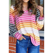 Load image into Gallery viewer, Fall and Winter Color Stripes Thin Fashion V Neck Long Sleeves T-shirt
