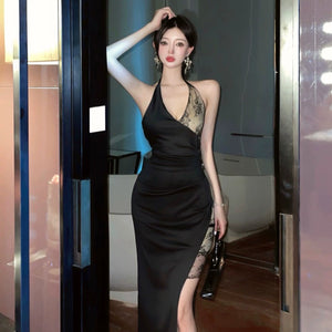 Deep V-neck Low Cut Backless Lace Slim Fit Dress Halterneck