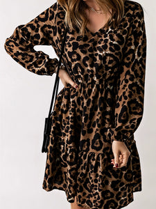 Leopard Print V-neck Summer Silm Knee-Length Long Sleeves Dress