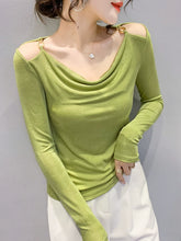 Load image into Gallery viewer, Off-the-Shoulder Hollow-out Spring and Autumn Collarbone Slim Long Sleeves Bottoming Shirt
