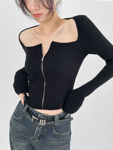 Double off-Shoulder Square Collar Zipper Short Knitwear