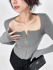 Double off-Shoulder Square Collar Zipper Short Knitwear