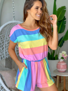 2024 Summer New Arrival Stripes Contrast Color Short Sleeve Rompers Women's Fashion Thin and All-Matching Elastic Waist with Pocket Jumpsuit