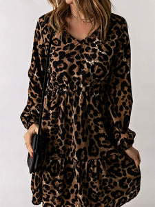 Leopard Print V-neck Summer Silm Knee-Length Long Sleeves Dress