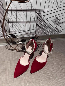 Red Xiuhe Suit Two-Way Pearl Strap Wedding Shoes