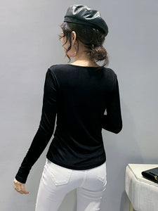 Off-the-Shoulder Hollow-out Spring and Autumn Collarbone Slim Long Sleeves Bottoming Shirt