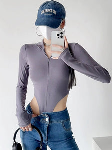 Zrshop Half Zipper Sexy Waist Hollow-out Long Sleeves T-shirt