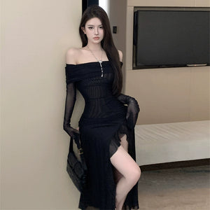 Adult Lady like Woman Style off-Shoulder Dress Long Sleeve Black Mesh