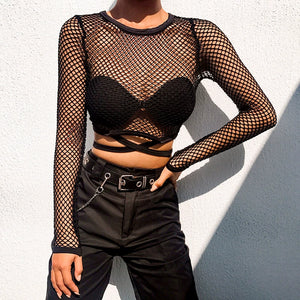 Large Mesh Shoelace Midriff Outfit Fashion European and American Style Breathable Top