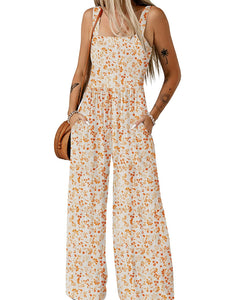 2024 Spring New Sleeveless Jumpsuit Women's European and American Fashion All-Match Print Multi-Pocket Wide Leg Personality Trousers