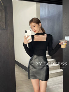 Stylish Square Collar Top Niche Waist-Tight T-shirt Halterneck