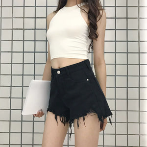 Stylish Raw Edge Denim Shorts Women's High Waist Slim Looking Ins Hot Pants Easiest for Match A- line Pants Small Black Loose Pants Fashion